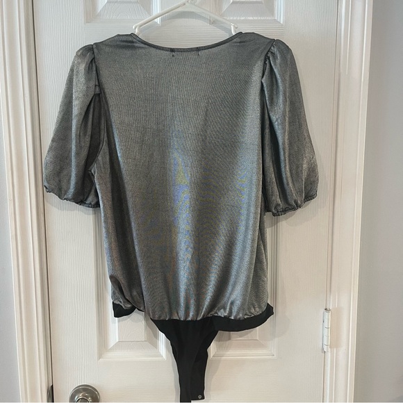 Pleione Metallic Silver 3/4 Sleeve Wrap Bodysuit Size XL NWOT. - Picture 3 of 6